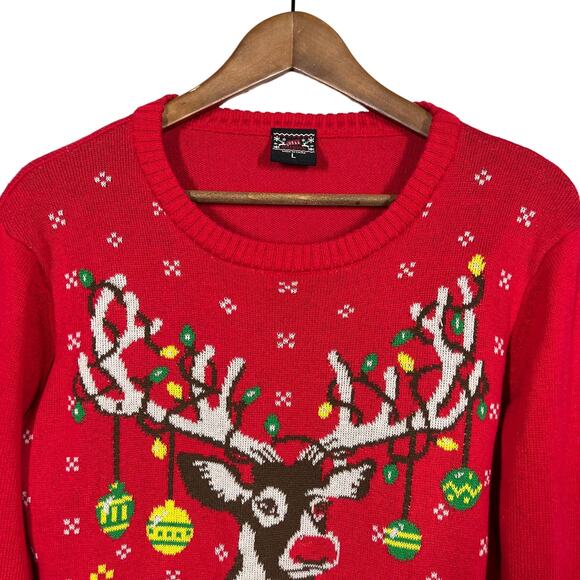 Well Worn Holiday Sweater Rudolph Christmas Red Crewneck Lightweight - L - Picture 2 of 5